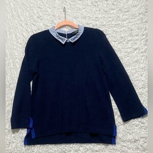 MAISON 1.2.3 PARIS BLUE KNIT TOP WITH EMBROIDERED POINTY COLLAR SIZE M